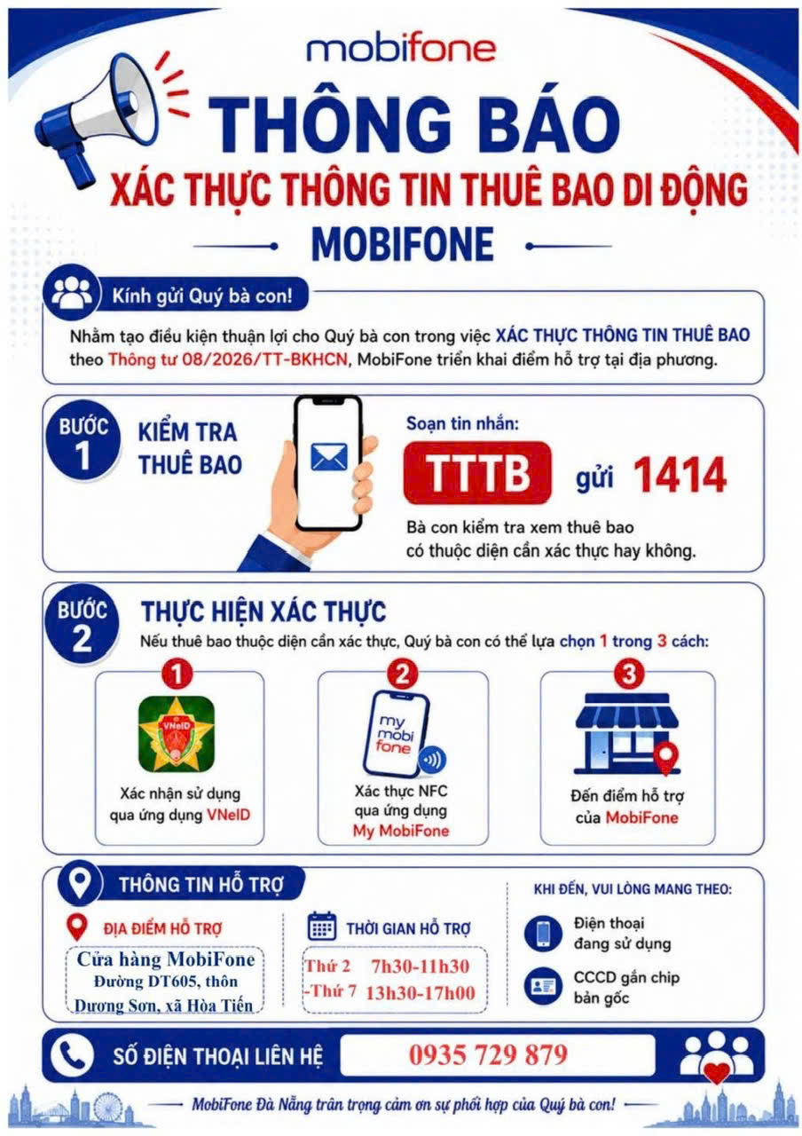 MobiFone xin thông báo: Thuê bao MobiFone của Quý Khách đang sử dụng phải xác thực thông tin theo Thông tư 08/2026/TT-BKHCN.